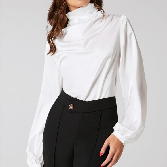White Stand Mock Neck Satin Blouse Top Sz S, M, L, & XL New - Picture 6 of 6
